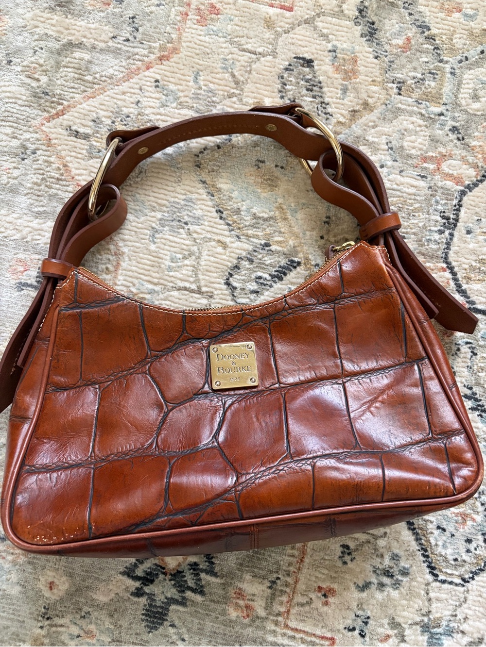 Dooney & Bourke Croc-Embossed Saddle Brown Leather Shoulder Bag